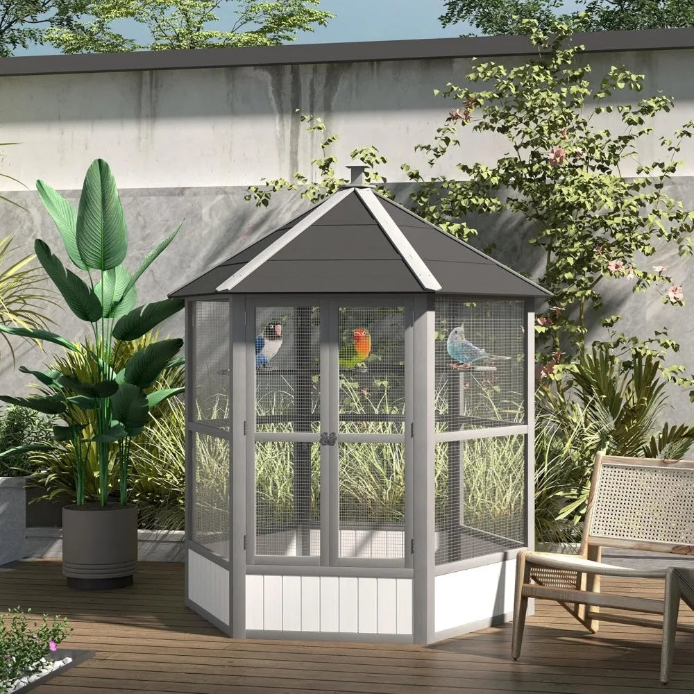 69" Large Wooden Hexagonal Outdoor Aviary