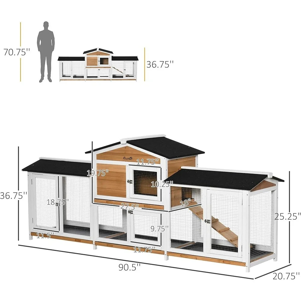 90.5" L Wooden Hutch with Double Side Run