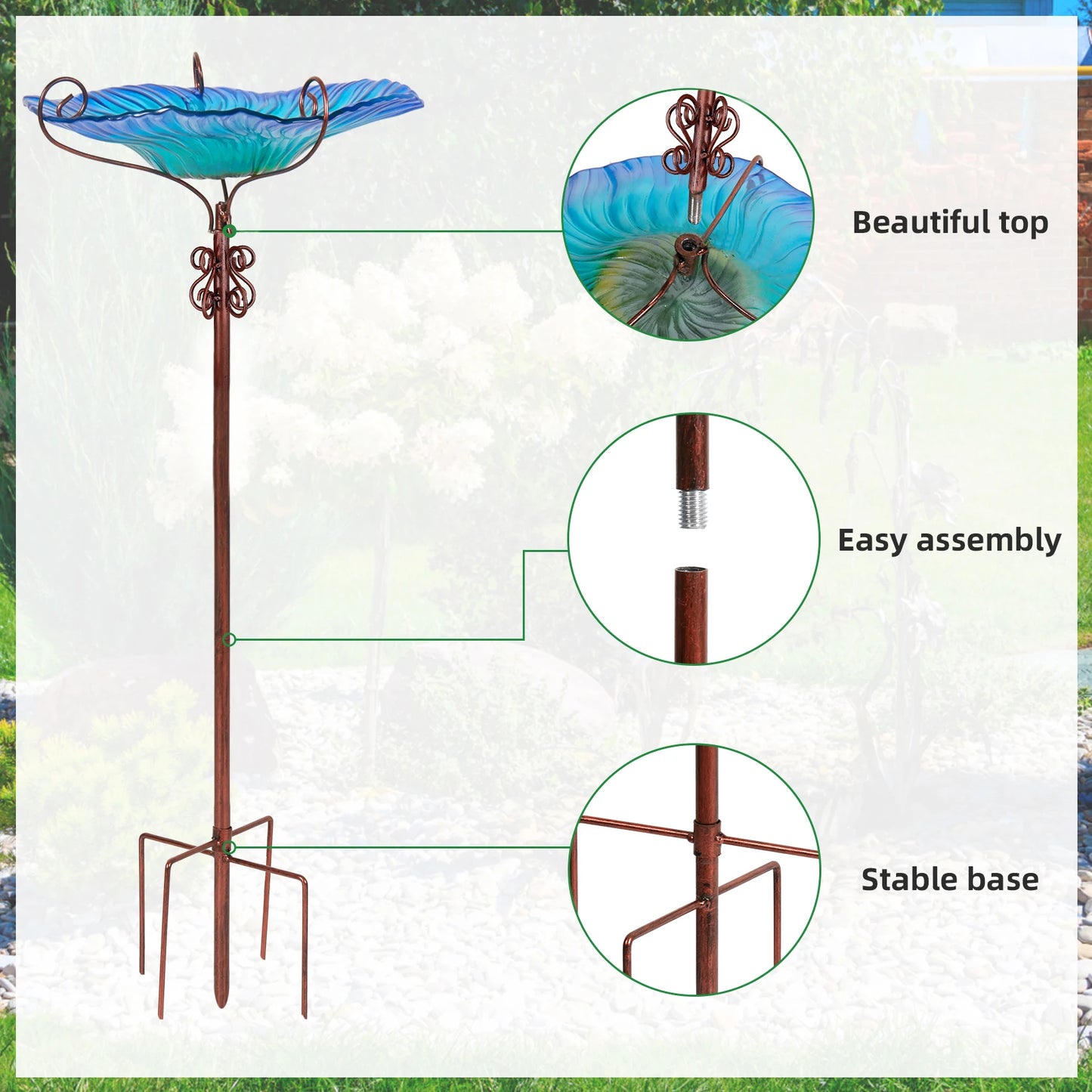 Glass Bird Bath with Stake for Yard Garden