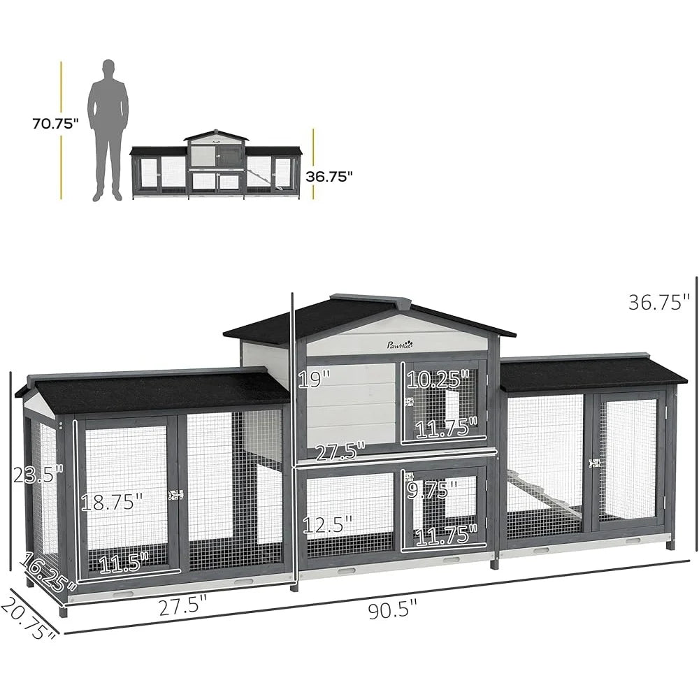 90.5" L Wooden Rabbit Hutch with Double Side Run