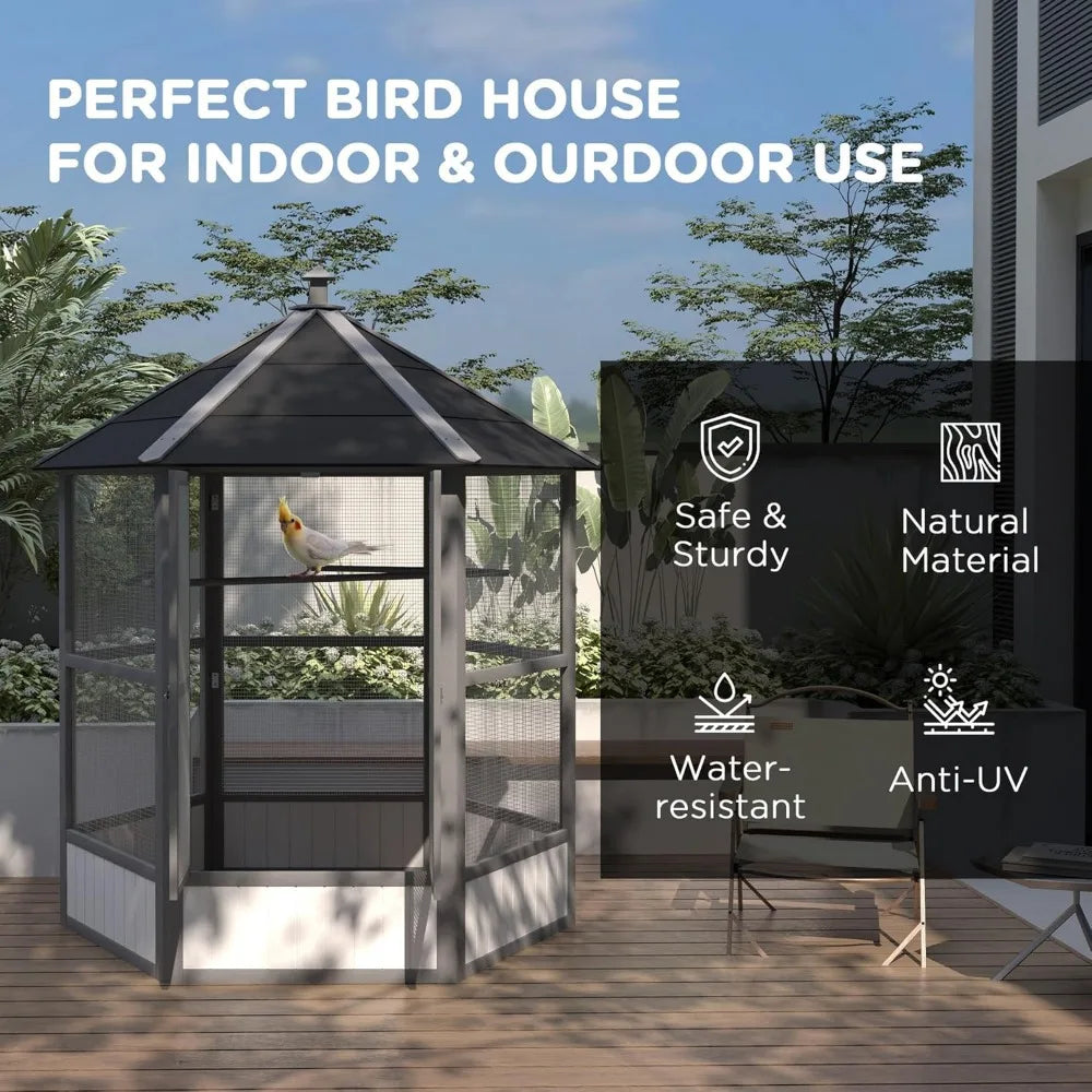 69" Large Wooden Hexagonal Outdoor Aviary