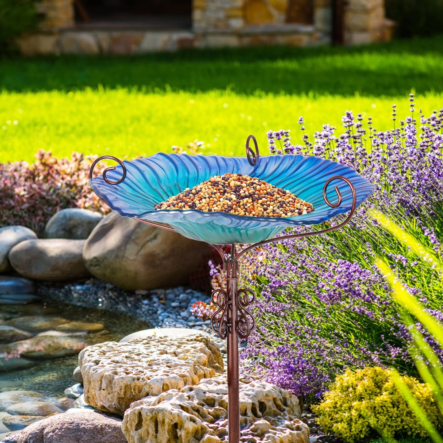 Glass Bird Bath with Stake for Yard Garden